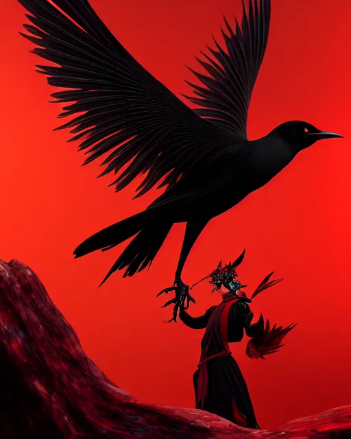 Image similar to beautiful digital fantasy illustration of a black bird with a red background, vanitas, wiccan, cowboy plague doctors, tarot card, angel sitting on a rock, abyssal warmth, octane render, detail texture, unreal engine, poster art by victo ngai, 8 k, photographic quality, ultra hyper realistic quality