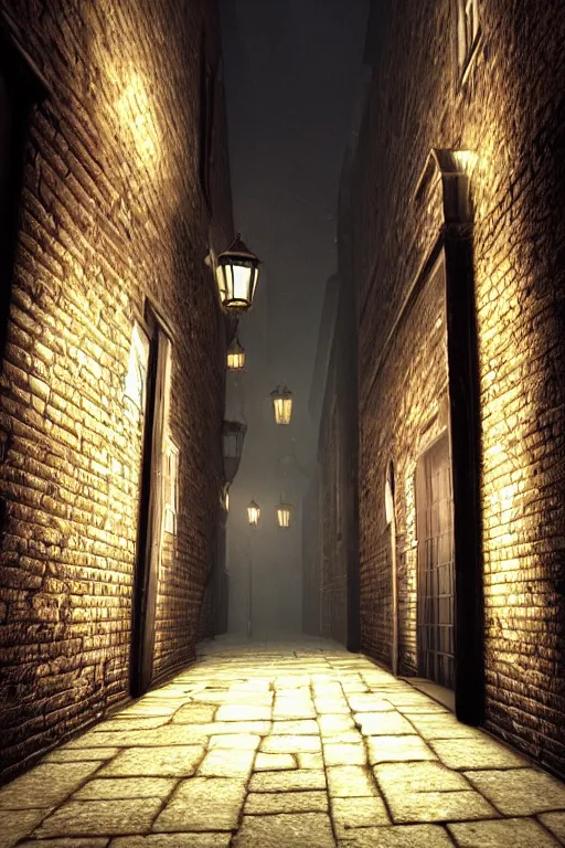 Prompt: old victorian london back alley lit by candles with dark shadows, unreal engine