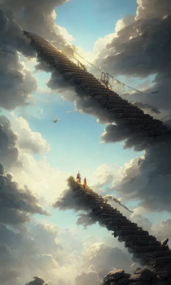 Prompt: straight staircase to heaven, sky full of clouds, art by greg rutkowski and peter mohrbacher, featured in artstation, octane render, cinematic, elegant, intricate, ultra detailed, rule of thirds, professional lighting, unreal engine, fantasy, concept art, sharp focus, illustration, 8 k