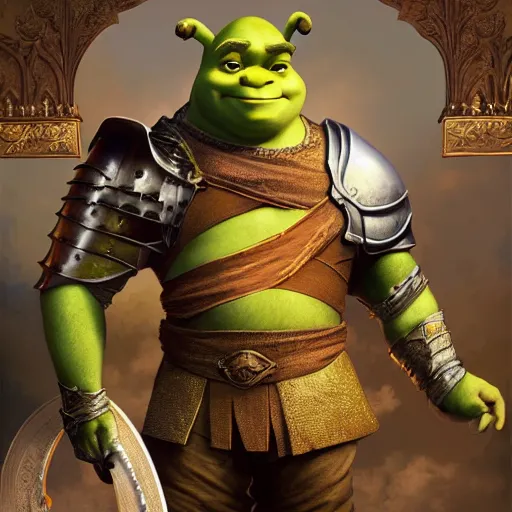 Image similar to shrek as a glorious devout shining powerful epic amazing awesome very handsome attractive muscular stylish knight in shining golden armor riding donkey, fantasy art, highly detailed, photorealistic, octane render, 8 k, unreal engine, art by artgerm and greg rutkowski and alphonse mucha