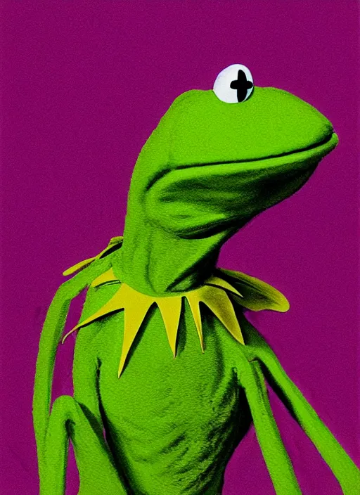 Image similar to portrait of Kermit the frog in Suspiria (1977), highly detailed, centered, solid color background, digital painting, artstation, concept art, smooth, sharp focus, illustration, Jason Edmiston, donato giancola, Joseph Christian Leyendecker, Les Edwards, Ed Repka, WLOP, Artgerm