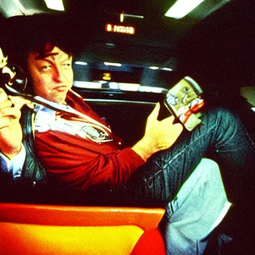 Prompt: gonzo reporter retro photo of drunked elon musk driving bus, fear and loathing in las vegas style, by hunter thompson