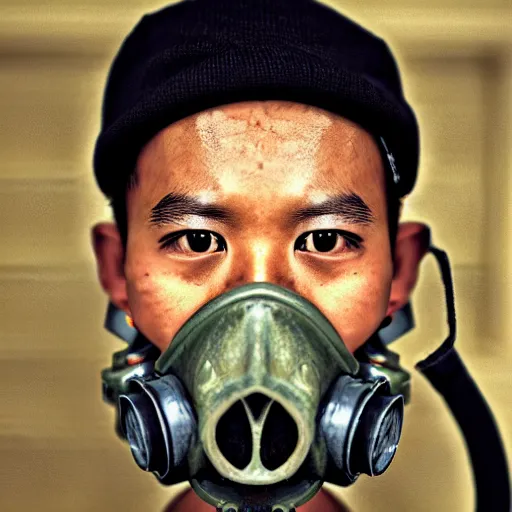 Image similar to 8 k uhd portrait from asian guy wear gas mask in 1 9 4 5, uhd details, national geography winning photo contest