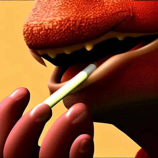 Image similar to realistic lifelike yoshi from nintendo licking his own toes while smoking a blunt 4 k ultrarealistic