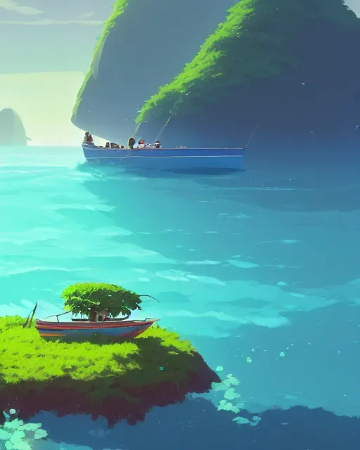 Image similar to small fishing boats around turtle shaped island, lush vegetation, azure water, glowing light, cory loftis, james gilleard, atey ghailan, makoto shinkai, goro fujita, studio ghibli, rim light, exquisite lighting, clear focus, very coherent, plain background, soft painting