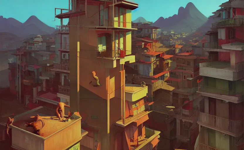 Image similar to Mysteriuos Favela, very coherent, painted by Edward Hopper, Wayne Barlowe, painted by James Gilleard, airbrush, art by JamesJean