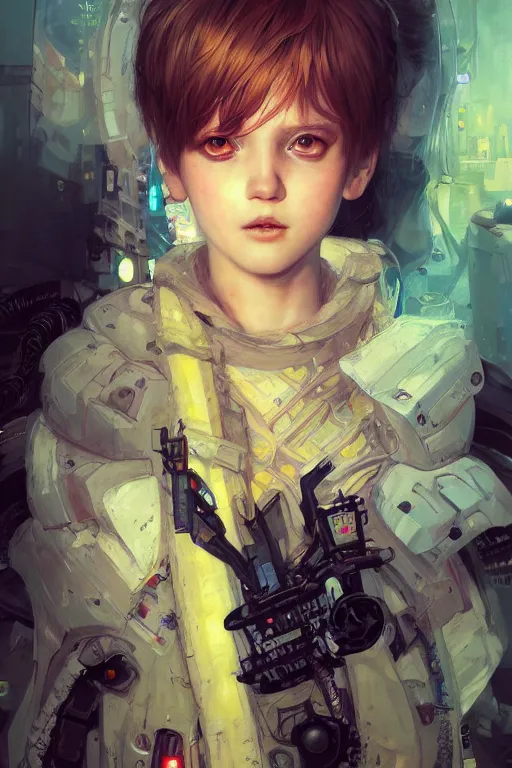 Prompt: portrait of beautiful young baby, cyberpunk, Warhammer, highly detailed, artstation, illustration, art by Gustav Klimt and Range Murata and Ilya Kuvshinov and Sakimichan