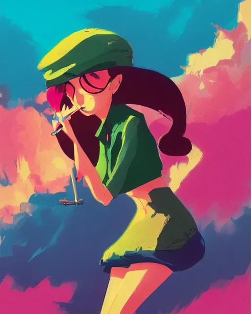 Image similar to girl with beret smoking a cigarette, colored manga panel, drawn by Anton Fadeev