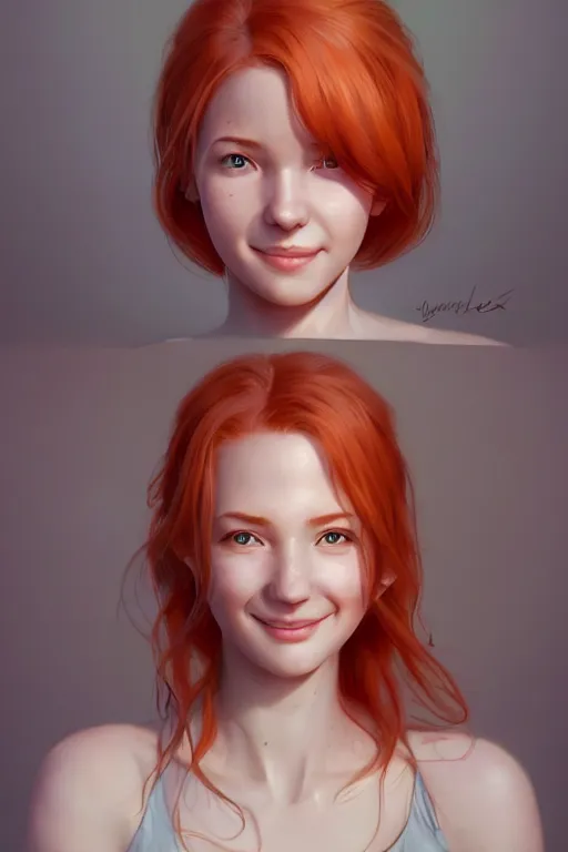 Prompt: ultra realistic style illustration of a cute red haired young woman smiling, 1 9 year old, headshot, sci - fi, fantasy, intricate, elegant, digital painting, artstation, concept art, smooth, sharp focus, illustration, 8 k frostbite 3 engine, ultra detailed, art by artgerm and greg rutkowski and magali villeneuve