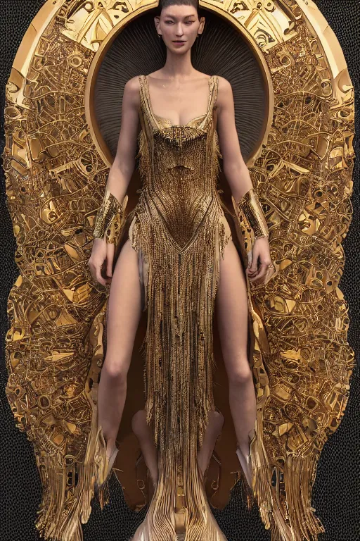 Image similar to a highly detailed 4 k render portrait of a beautiful tall alien goddess bella hadid in iris van herpen dress schiaparelli armor in diamonds and lots of jewelry in style of alphonse mucha trending on artstation made in unreal engine 4