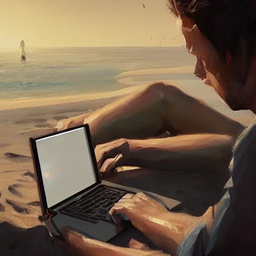 Image similar to concept art of man working on laptop at sunny beach, perfect face, fine details, by greg rutkowski