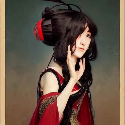 Image similar to a beautiful portrait of hatsune miku with long black and deep red colored hair dressed as a 1 0 th century european noblewoman, intricate, elegant, highly detailed, digital painting, artstation, concept art, matte, sharp focus, illustration, art by greg rutkowski and alphonse mucha