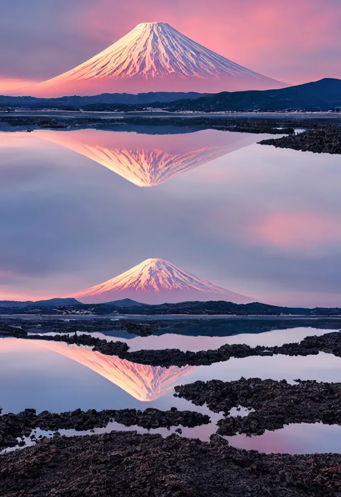 Prompt: clouds curling around mount fuji reflected on the lake surface at sunset, national geographic award - winning landscape photography, in the style of wes anderson's isle of dogs
