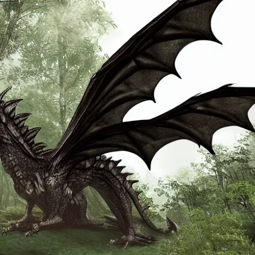 Prompt: a large winged scaled dragon terminator hybrid, protecting the forbidden forest from trespassers. Very detailed 8k