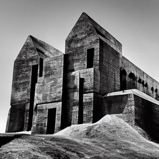 Image similar to black and white photograph of an intimidating and mysterious brutalist cathedral built into the side of a Himalayan mountain at a high elevation, designed by I.M. Pei and Giger, cinematic lighting, dramatic masterpiece