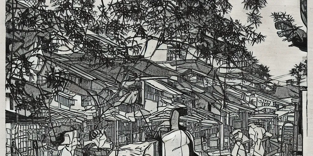 Prompt: “woodblock scene depicting cozy Japanese village being protected by a large gundam. POV from street level.”