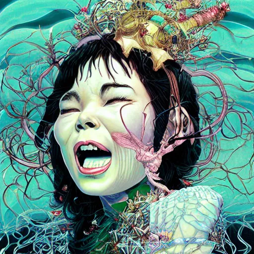 Image similar to portrait of crazy screaming beautiful singer bjork, big ribbon, ymmetrical, by yoichi hatakenaka, masamune shirow, josan gonzales and dan mumford, ayami kojima, takato yamamoto, barclay shaw, karol bak, yukito kishiro