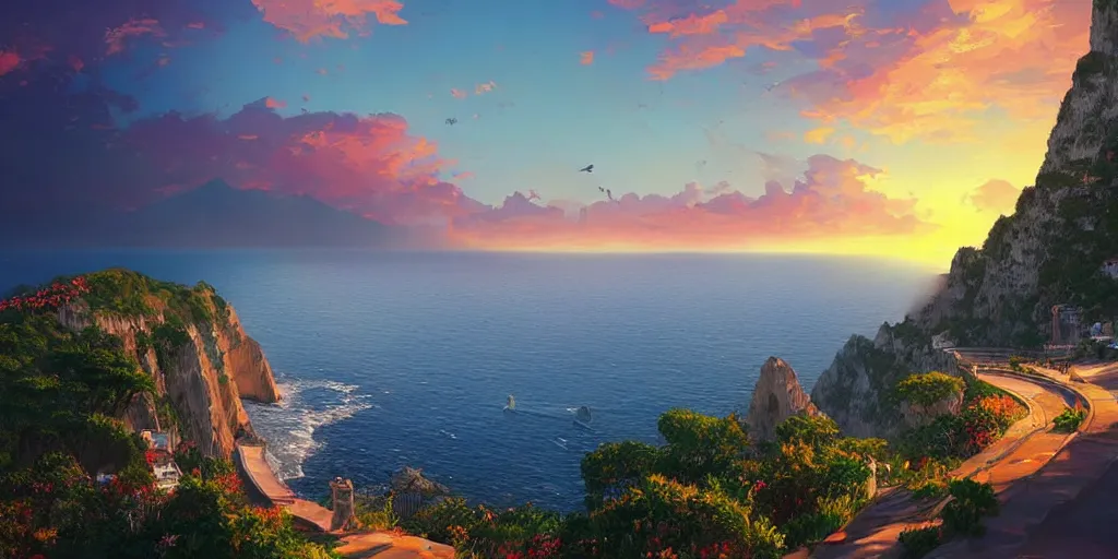 Prompt: epic professional digital art of a lonely street on a cliff over the sea at sunset in capri island, nice beaches, ,best on artstation, colorful sylvain sarrailh concept art, by peter chan, pixar movie, upscaled, perfect composition , golden ratio