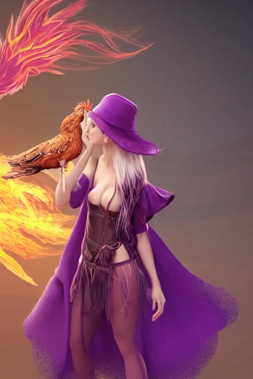 Image similar to Young beautiful short woman in purple witch robes and pointy hat with a small pet phoenix on her shoulder, full body shot, digital art, detailed render, 3D material