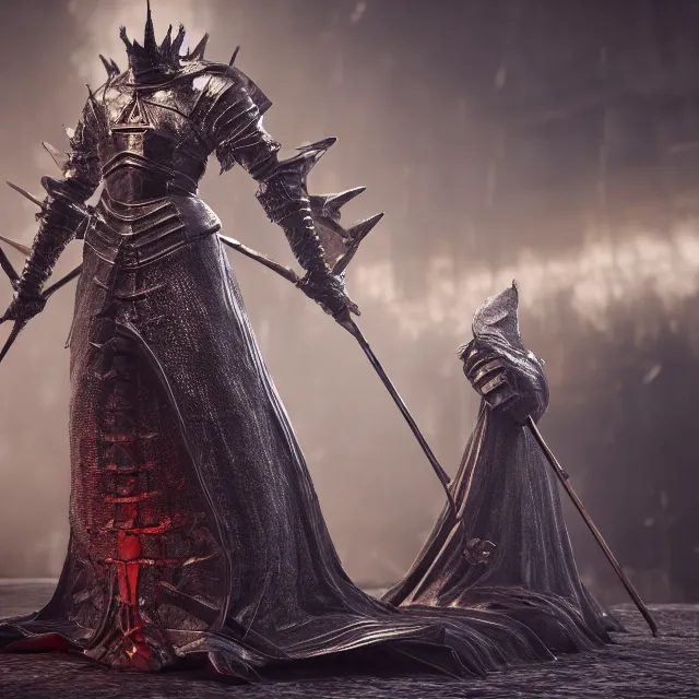 Image similar to queen elizabeth of england as a boss in dark souls, dark cinematic, volumetric, realistic, 3 d render, cinematic lighting, ray tracing, cinematic, unreal engine 5, unreal engine render, octane render, hyper realistic, photo, 8 k