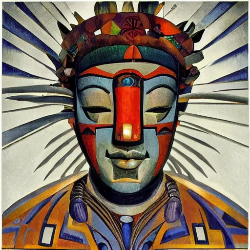 Prompt: head of a beautiful boy wearing a mask made of metal flowers, by diego rivera and john watkiss, art deco shaman, stylized geometric flowers, art brut, symbolist, dramatic lighting, god rays, iridescent beetles, clean crisp graphics, smooth sharp focus, extremely detailed