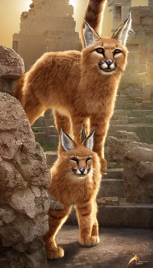 Image similar to fullbody photo of cute fluffy caracal as alexander the great, ancient greek city, sun behind him, sunny day, by ilya kuvshinov, rtx rendering, octane render 1 2 8 k, maya, extreme high intricate details by tom bagshaw, medium shot, close up shot, composition by sana takeda, lighting by greg rutkowski