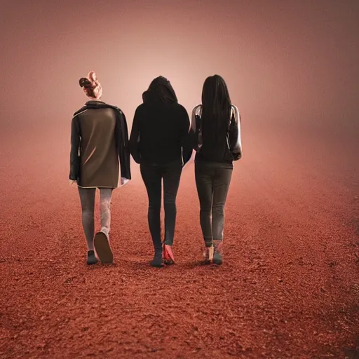 Image similar to 4 friends walking front view on foggy Mars red soil foggy image all wearing stylish futuristic clothing picture taken with 35 mm camera, intricate, 4k, hd, super detailed, realistic, award-winning picture