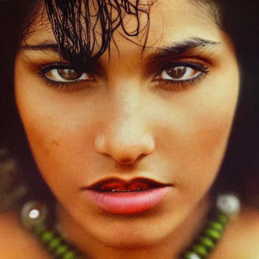 Prompt: vintage portrait of a stunningly beautiful amazonian female, dark eyes, dark hair, olive skin, depth of field, zeiss lens, detailed, symmetrical, centered, fashion photoshoot, by edward s curtis, Annie Leibovitz and Steve McCurry, David Lazar, Jimmy Nelsson, Breathtaking, 8k resolution, extremely detailed, beautiful, establishing shot, artistic, hyperrealistic, beautiful face, octane render