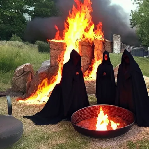 Image similar to a cult of black cloak wearing individuals summon a demonic kitten from the depths of a raging fire pit. Flames are emerging from fissures in the ground.