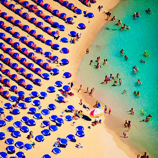 Image similar to photograph beachscapes from an almost perpendicular angle, Aerial view of sandy beach with umbrellas and sea, Aerial of a crowded sandy beach with colourful umbrellas, sun bathers and swimmers during summer, by Tommy Clarke