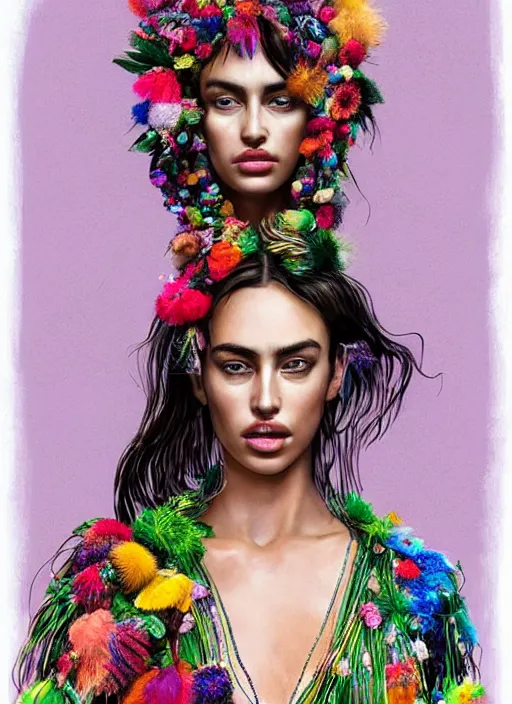 Image similar to beautiful portrait of Irina Shayk wearing fantastic Hand-dyed cotton dress, embellished beaded feather decorative fringe knots ,colorful pigtail,subtropical flowers and plants,symmetrical face,intricate,elegant, highly detailed, 8k,post-processing,digital painting, trending on pinterest, GUCCI,PRADA,concept art, sharp focus, illustration, by artgerm,Tom Bagshaw,Lawrence Alma-Tadema,greg rutkowski,alphonse Mucha