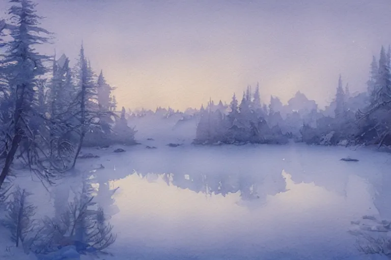 Prompt: watercolor painting of crystal clear ice lake, reflective, crisp winter, fog and snowing, ambient lighting, art by jesper ejsing