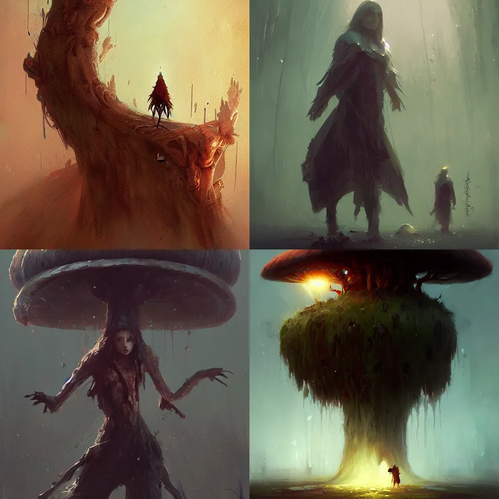 Prompt: human as a mushroom. Dark fantasy art by Greg rutkowski. Trending on artstation