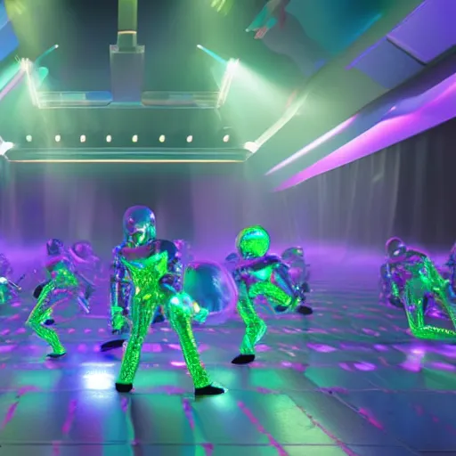 Image similar to promotional movie still wide - angle 3 0 m distance. fuzzy pearlescent robots ( ( cat ) ) 1 million into the future ( 1 0 0 2 0 2 2 ad ) like disco music, disco balls, dance - off contests. very dramatic atmospheric volumetric lighting, octane 3 d render, ue 5, imax, saturday night fever ( film )