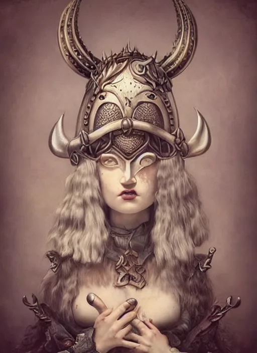 Prompt: pop surrealism, lowbrow art, realistic viking painting, armor, hyper realism, muted colours, rococo, natalie shau, loreta lux, tom bagshaw, mark ryden, trevor brown style,