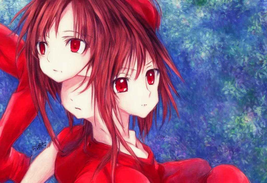 Image similar to detailed face, a cute red outfit, tokyo anime scener, very anime in impressionist style, anime trending artwork, anime painter studio, by claude monet