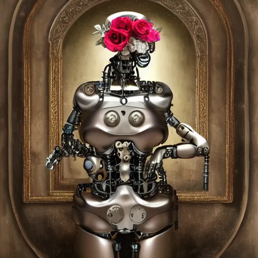 Prompt: a beautiful intricate fine art portrait photo of a a mechanical industrial steampunk cybernetic robot in milk bathtub, by tom bagshaw and zach sutton, roses floating on the milk, perfection!, milk bath photography, studio lighting, 35mm lens, very detailed, bionic, cybernetic scifi, deep depth of field, artstation, 8K, highly coherent