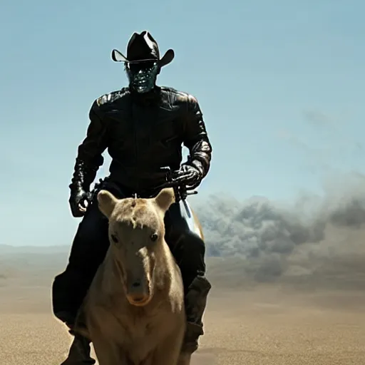 Image similar to a terminator android dressed as a cowboy while riding a bear, 8 k, movie still, high detail