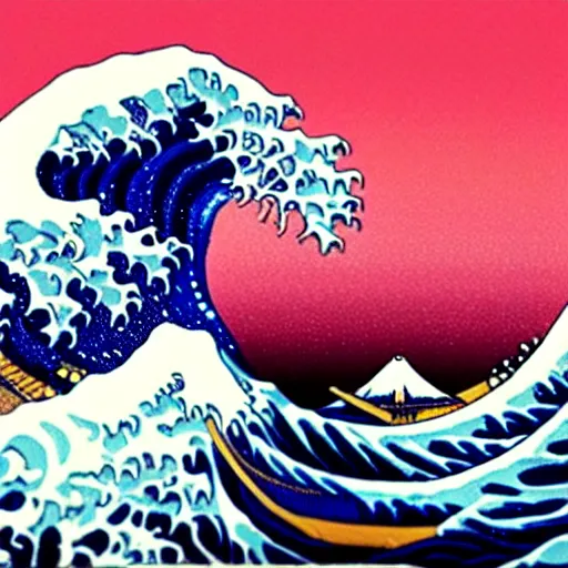 Prompt: the great wave off kanagawa with pink lava and fire, rococo, hyperreal, detailed, 4 k