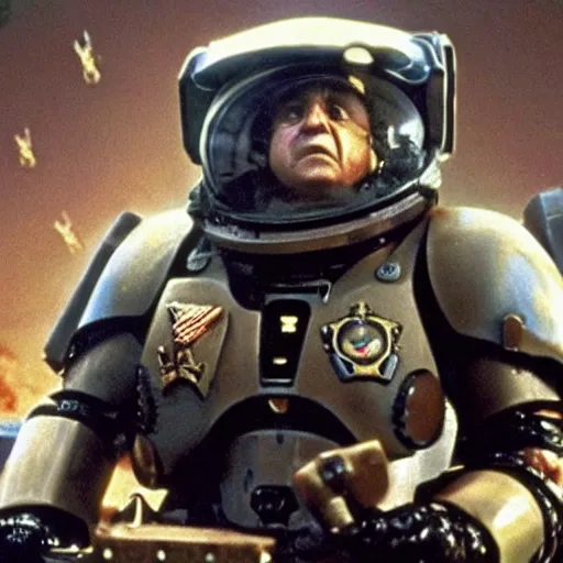 Image similar to danny devito as a space marine in starship troopers fighting the bugs, dramatic action shot