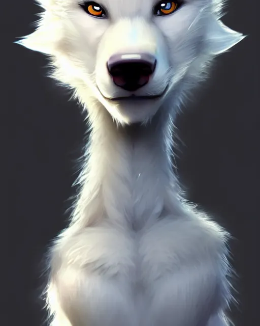 Image similar to character concept art of a cute young male anthropomorphic furry white wolf | | cute - fine - face, pretty face, key visual, realistic shaded perfect face, fine details by stanley artgerm lau, wlop, rossdraws, james jean, andrei riabovitchev, marc simonetti, and sakimichan, trending on artstation