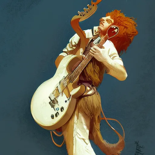 Image similar to a ginger hardrocker cat playing electric guitar, cinematic lighting, highly detailed, digital painting, artstation, concept art, smooth, sharp focus, illustration, art by Terry Moore and Greg Rutkowski and Alphonse Mucha