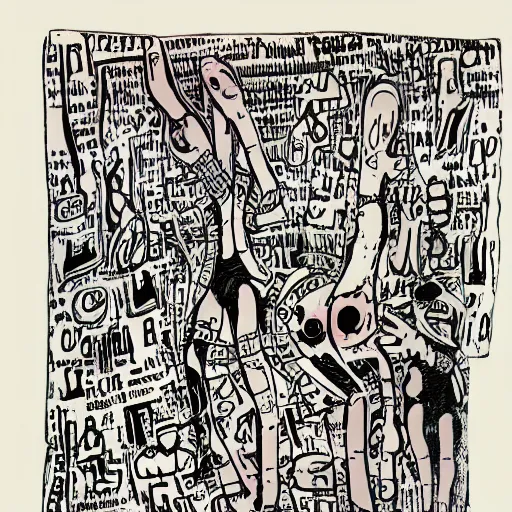 Prompt: surgery, in the style of daniel johnston and outsider art, 8 k, line brush, muted, overlaid with cyrillic words, baselitz, german expressionist woodcut