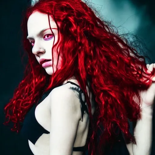 Image similar to beautiful necromancer girl with red wavy hair and piecing eyes, soft flawless pale skin, wearing a black crop top photography dramatic dark lighting, hyperrealistic