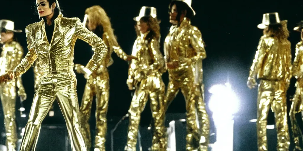 Image similar to Michael Jackson standing alone in a shiny reflective, gold and silver outfit at a concert in the year 1996 ultra realistic, 4K, movie still, UHD, sharp, detailed, cinematic, render, modern