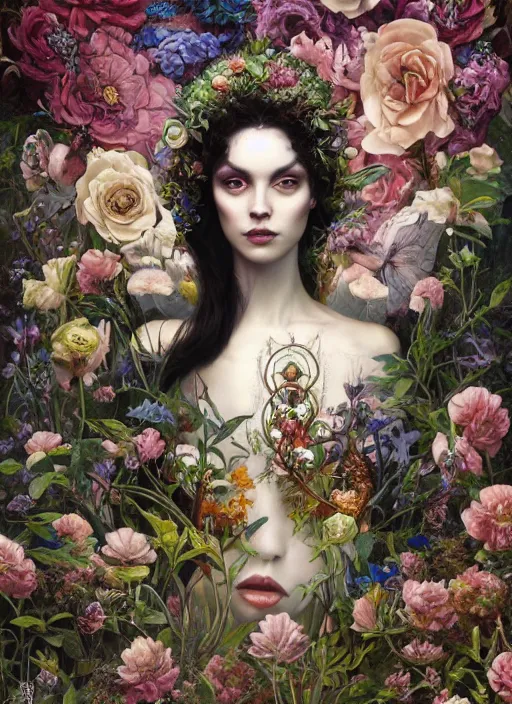 Image similar to portrait of the queen of the underworld, surrounded by flowers by karol bak, james jean, tom bagshaw, rococo, beautifuleyes!!, trending on artstation, cinematic lighting, hyper realism, octane render, 8 k, hyper detailed.