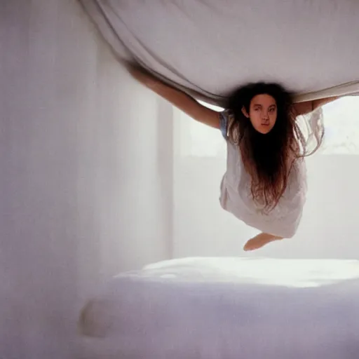 Prompt: closeup portrait of girl in linen clothing floating from the room ceiling into a bed, natural sun lighting, 8 5 mm lens by annie leibovitz
