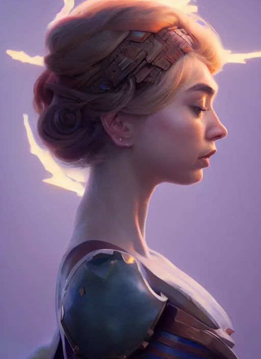 Image similar to side portrait, imogen poots, paladin, fantasy, gloomhaven, luminescent, organic painting, matte painting, bold shapes, hard edges, octane render, unreal engine, by greg manchess, huang guangjian, gil elvgren, sachin teng, greg rutkowski, jesper ejsing, ilya kuvshinov