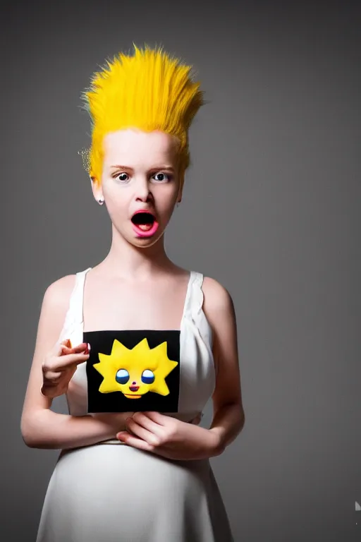 Image similar to studio portrait of girl that looks excactly like lisa simpson, lookalike, spitting image, as if lisa simpson came to life, soft light, black background, fine details, close - up, award winning photo by morten krogvold