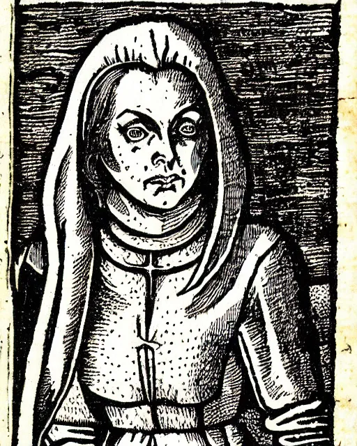 Prompt: b & w woodcut illustration of dana scully from the nuremberg chronicle, 1 4 9 3, restored, hq scan, london museum archives